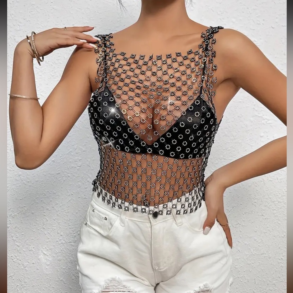 Hollow Out Sheer Mesh Tank Top, Stylish Sleeveless Tank Top For Club & Party